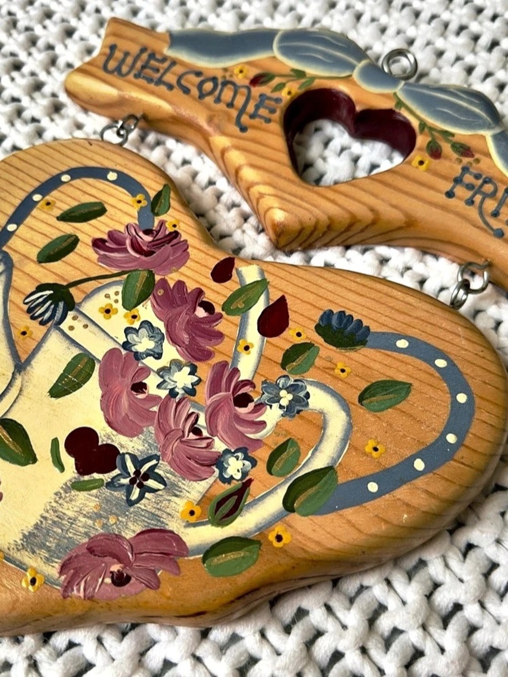 Vintage Hand Painted Garden Floral Pansies Wooden Welcome Sign Made in Mexico Si